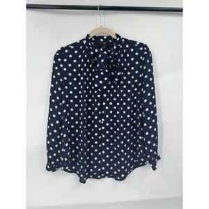 J. Crew 365 Polka Dot Tie Neck Button Front Blouse Women Petite 0 Navy Preppy